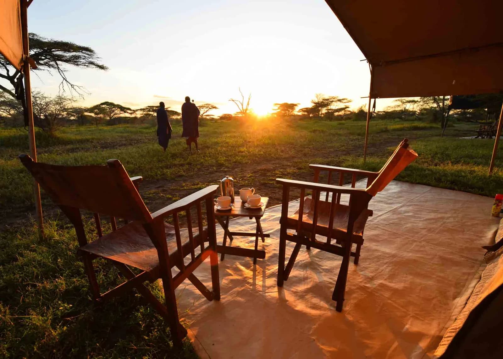 Camp chairs set out beside a safari tent as the sun sets over the plains