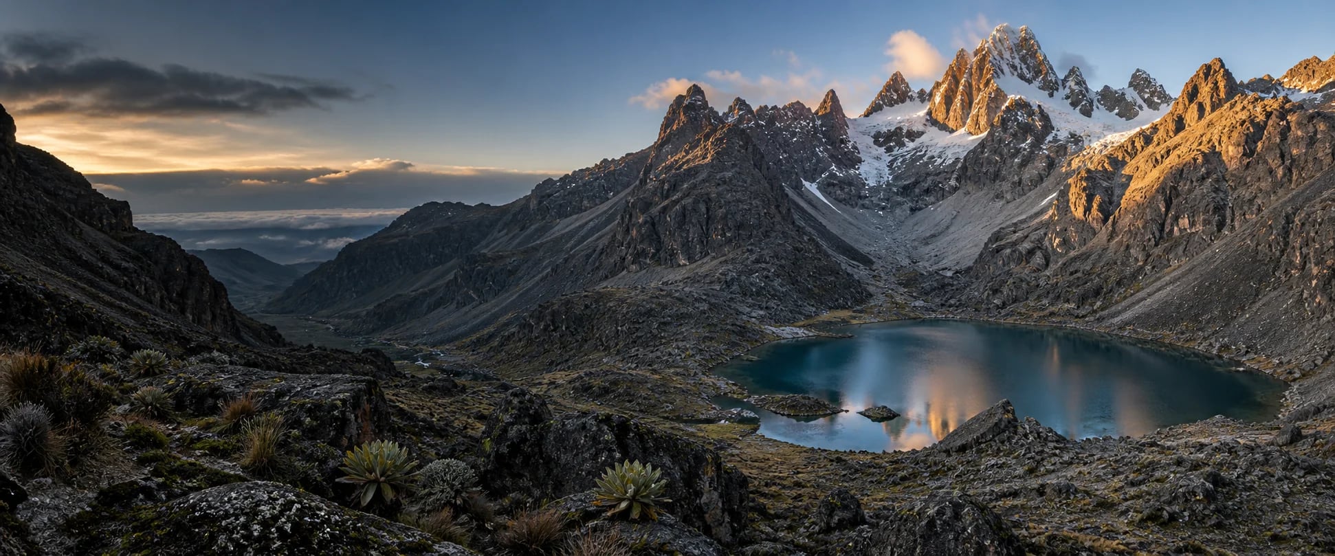 A clear alpine lake below the jagged peaks on Mount Kenya's Chogoria side
